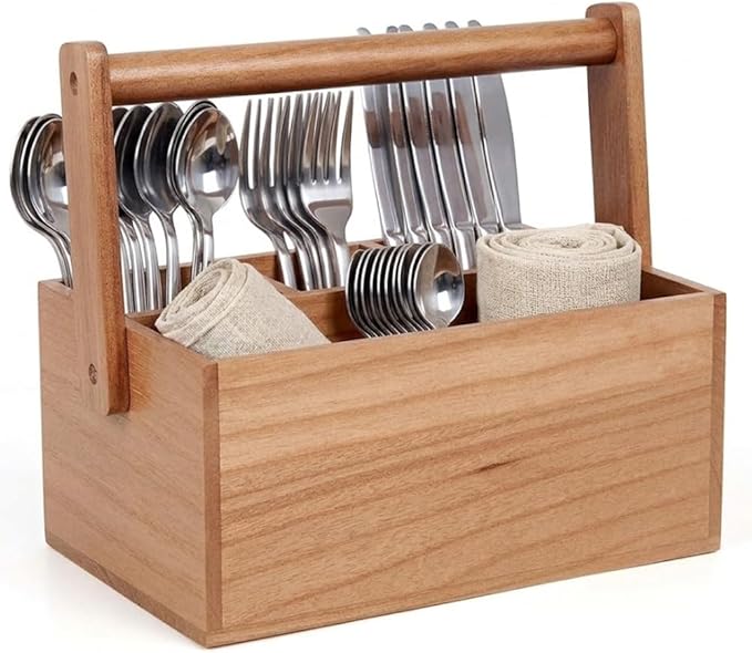 Silverware Caddy with Handle Acacia Paper Plate Holders Wooden Utensil Holder Mulip-Purpose Organizer Picnic Utensil Caddy for Party Home Kitchen Office Bathroom Bedroom RV