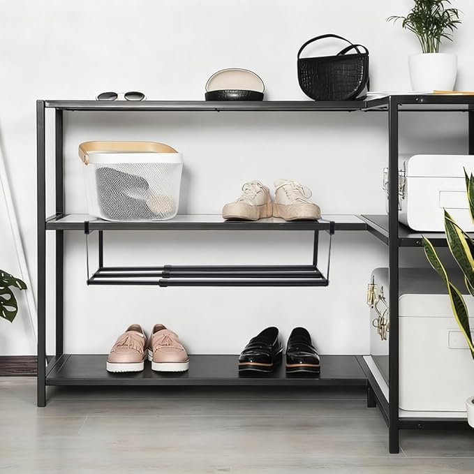 UNICRAFTALE 2Pcs Expandable Shoe Rack Organizer for Closet Black Hanging Under Cabinet Shelf Adjustable Retractable Storage Rack for Shoes Clothing Kitchen Items Space Saving Solution Long 40~70cm