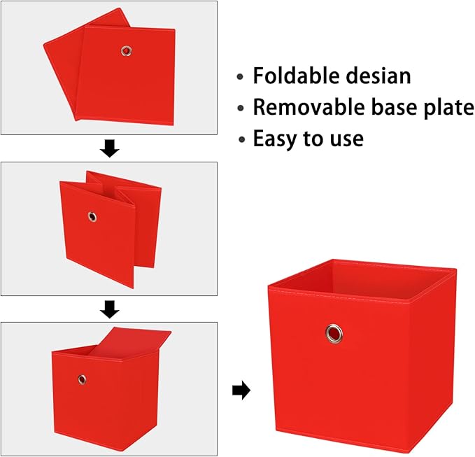 Foldable Storage Cubes Bins ,11 Inch Cloth Storage Cube Fabric Storage Box Cubes Organizer Baskets with Handles for Home Organizer Set of 6 (Red)