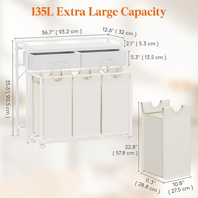 Lifewit Laundry Hamper 3 Section, Large Rolling Laundry Sorter with Shelf & 2 Drawers, Pull-Out Laundry Basket Organizer with Wheels and Removable Bag for Laundry Room Bathroom, White and Beige