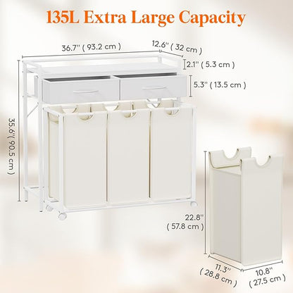 Lifewit Laundry Hamper 3 Section, Large Rolling Laundry Sorter with Shelf & 2 Drawers, Pull-Out Laundry Basket Organizer with Wheels and Removable Bag for Laundry Room Bathroom, White and Beige
