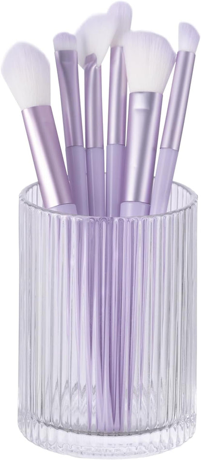 DASITON Makeup Brush Holder Organizer, Crystal Cosmetic Makeup Brushes Storage Holder, Glass Make Up Brush Holder, Vintage Striped Make Up Cup Desk Pen Pencil Holder, Toothbrush Holders (Clear S)