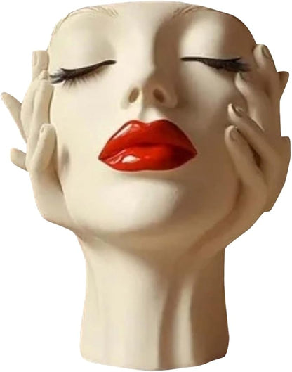 Women's Head Shape Boho Feminist Decoration, Minimalist Statue Storage Decor Face Makeup Brush Holder, Modern Statue Storage Makeup for Table Shelf Living Room Office (Beige 6.69 * 4.72 * 3.15in)