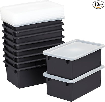 Cubby Storage Bins with Lids, 10-Pack Stackable Plastic Organizer Containers for Pantry, Office, Garage - Nestable with Handles, Black