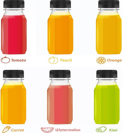 Hulless 6 Ounce Plastic Juice Bottle Drink Containers 5 Pcs Juicing Bottles with Black Lids, Suitable for Juice, Smoothies, Milk and Homemade Beverages