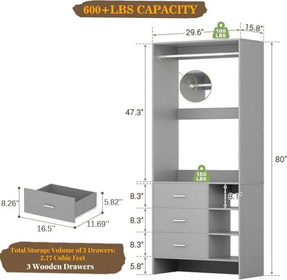 Aheaplus 2.5FT Closet System with 3 Drawers, 29.5’’ Closet Organizer, Wood Closet Organizer System, Walk-in Closet or Small Closets Wardrobe, Clothes Rack with Hanging Rods,-E6, Grey