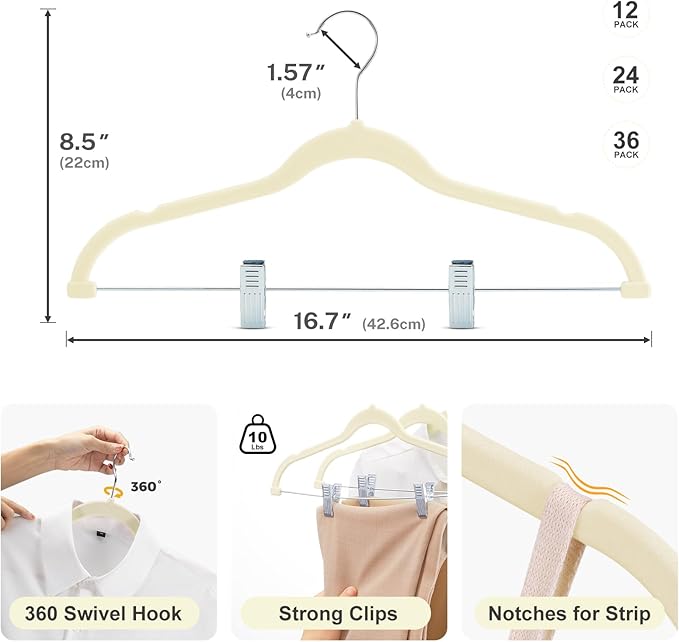 HOUSE DAY Velvet Skirt Hangers 24 Pack, Beige Velvet Pant Hangers with Adjustable Clips, Space Saving Slim Shorts Hanger, Heavy Duty Non Slip Clip Hanger for Pants, Skirts, Shorts