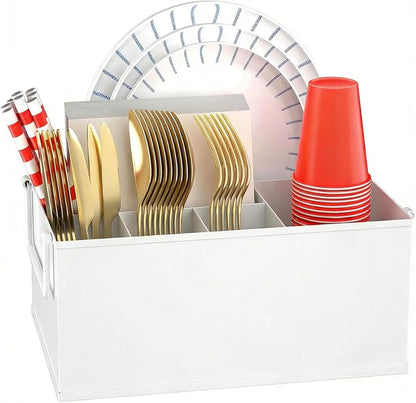 NelyBet Paper Plate Holder Reusable - Outdoor Utensil Caddy with Dual Handles, Perfect for Cutlery Holder, Picnic Caddy, and Silverware Holder for Party, Everyday Dining Essentials, White