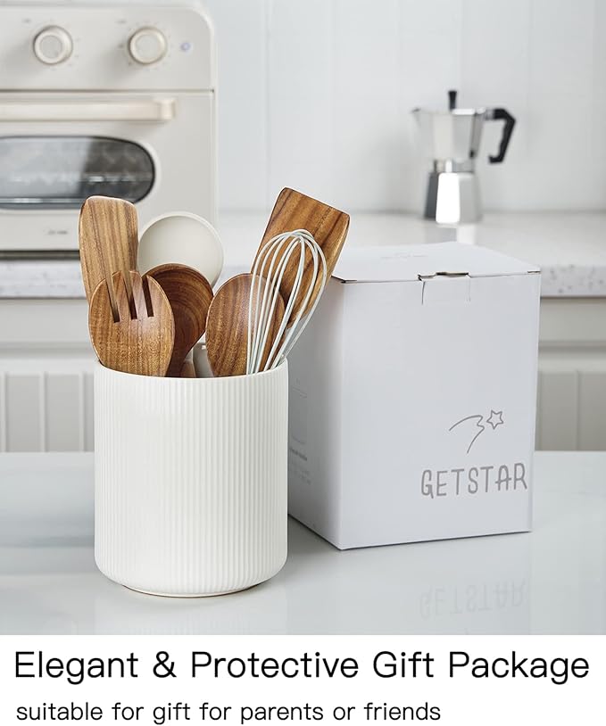 getstar Large Utensil Holder for Kitchen Counter,7.2" Vintage Ceramic Utensils Crocks Utensil Organizer for Spatula Farmhouse Kitchen Decor