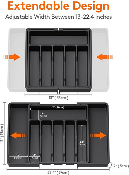 silverware drawer organizer, expandable silverware storage, utensil organizer, durable plastic cutlery storage box for forks, spoons, and knives - kitchen essentials for new home (black)