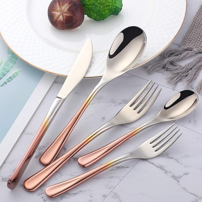 Fine Flatware Set, Baikai 20 Pieces Silverware Cutlery Sets, Stainless Steel Gradient Rose Gold Kitchen Tableware Utensils Service for 4, Dishwasher Safe