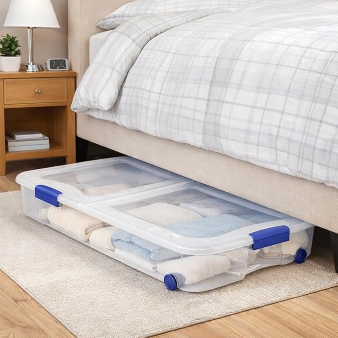 66 Quart Underbed Storage Bin with Wheels & Clear Lid, Under Bed Storage Container for Blankets, 39.5" x 20.25" x 7", Split-Lid Design & Smooth Gliding Wheels