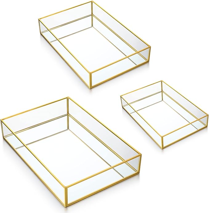 Jetec 3 Pieces Mirror Glass Vanity Tray Gold Ornate Makeup Tray Metal Vintage Octagonal Perfume Dresser Trays for Dresser Bedroom Bathroom Hotel, 3 Sizes