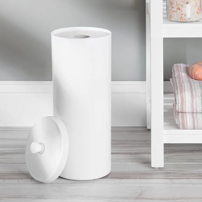 iDesign Freestanding Bathroom Toilet Paper Storage Holder with Lid for 3 Extra Rolls, White