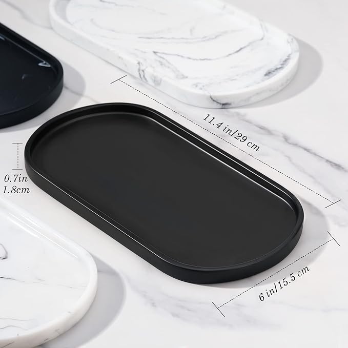 Emibele Bathroom Tray, Resin Oval Vanity Tray Countertop Organizer Toilet Tank Kitchen Decorative Jewelry Storage Tray for Perfume Candles Soap Towel Small Plant Home Decor, M, Matte Black