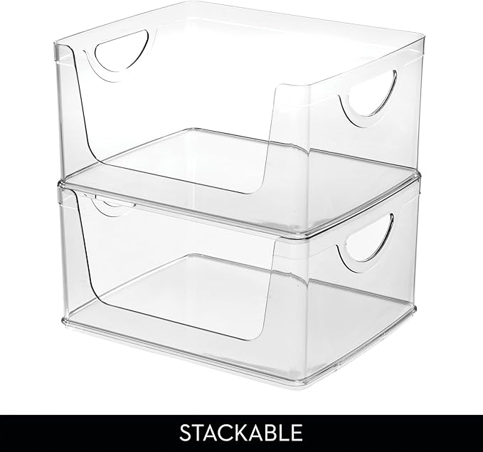 iDesign Stackable Open-Front Storage Bin with Handles for Kitchen, Set of 2, Clear, Made in USA