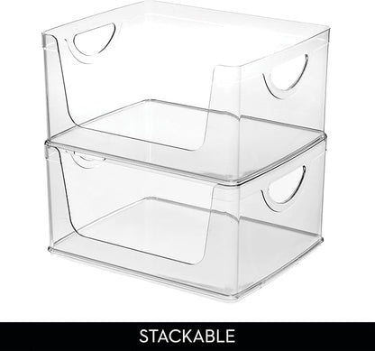 iDesign Stackable Open-Front Storage Bin with Handles for Kitchen, Set of 2, Clear, Made in USA