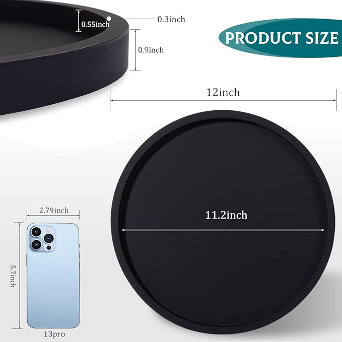 Silicone Bathroom Tray Round Vanity Tray Decorative Soap Holder Kitchen Countertop Organizer Coffee Table Decor for Candle, Perfume, Plant, 12 Inch, Black