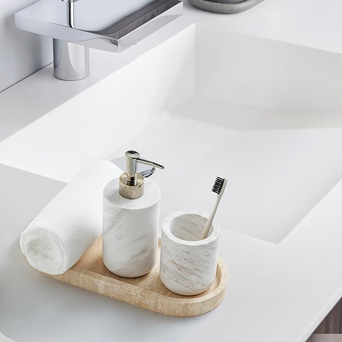 Marble Vanity Tray 11.8" x 5" Italy Natural Travertine Stone Decorative Trays for Jewelry Candles Perfume, Countertop Storage Organizer for Bathroom Dresser Kitchen Home Decor Beige (WH033)