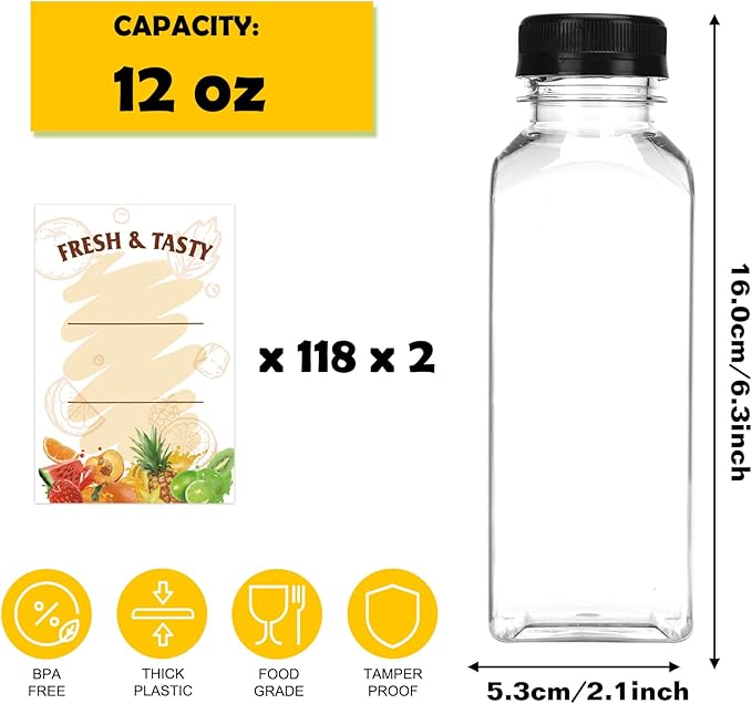 BAKHUK 236pcs 12oz Empty Plastic Juice Bottles with Caps, Plastic Water Bottles with lids, Reusable Clear Bulk Beverage Containers for Juice, Milk and Other Beverages