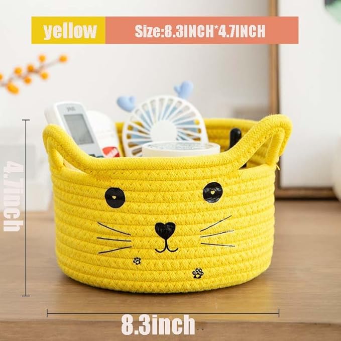 Woven Basket Cartoon Cotton Rope Gifts Basket with Handle Empty Baby Wicker Storage Basket Nursery Box Bin Kids Organizer Cat Dog Toy Basket Easter Basket,Yellow