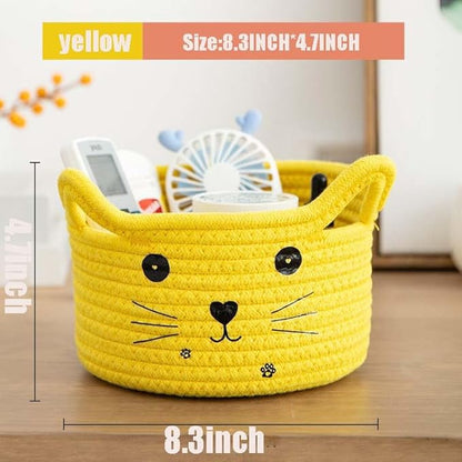 Woven Basket Cartoon Cotton Rope Gifts Basket with Handle Empty Baby Wicker Storage Basket Nursery Box Bin Kids Organizer Cat Dog Toy Basket Easter Basket,Yellow
