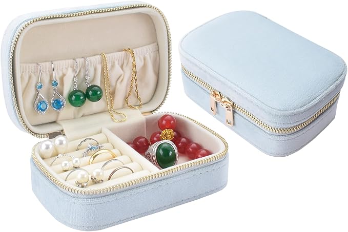 Small Travel Jewelry Case for Women - Plush Velvet Portable Organizer, Holds 20+ Bracelet/Necklace/Earrings/Rings, Giftable Storage Display Box Zipper, Mother/Bridesmaid/Girlfriend Gift (Blue)