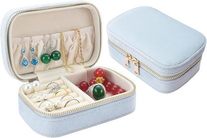 Small Travel Jewelry Case for Women - Plush Velvet Portable Organizer, Holds 20+ Bracelet/Necklace/Earrings/Rings, Giftable Storage Display Box Zipper, Mother/Bridesmaid/Girlfriend Gift (Blue)