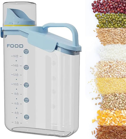Rice container storage tank, kitchen storage container, sealed food storage, sealed design measuring cup. With pouring port, suitable for oatmeal, grains, rice, flour (blue, 2800ML)