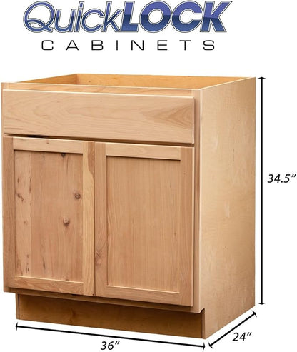 Quicklock RTA (Ready-to-Assemble) | Base Kitchen Cabinets - Shaker Style | Made in America (Raw Hickory, 36" Wx34.5 Hx24 D Sink Base)