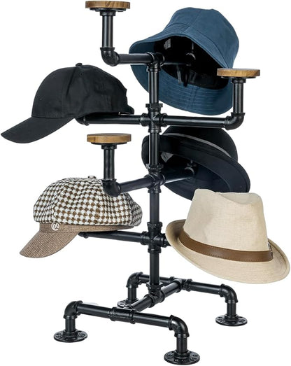 MyGift Hat Display Stand, Cowboy Hat Holder Rack with 8 Round Rustic Burnt Solid Wood Hangers, Countertop Retail Display Stand for Baseball Cap or Wig, Industrial Black Metal Pipe