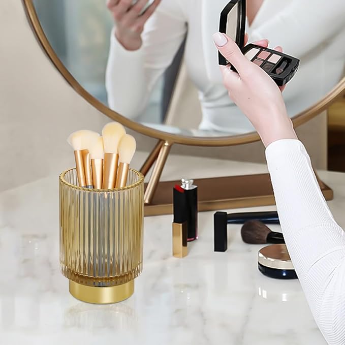 Glass Makeup Brush Holder,Gold Toothbrush Holders,Cute Make Up Brush Cup Holder,Vintage Vanity Makeup Organizer for Bathroom and Desktop (Amber)