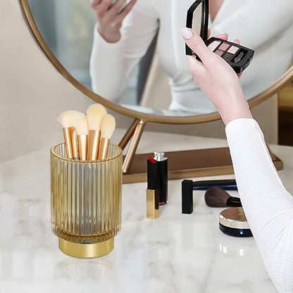 Glass Makeup Brush Holder,Gold Toothbrush Holders,Cute Make Up Brush Cup Holder,Vintage Vanity Makeup Organizer for Bathroom and Desktop (Amber)