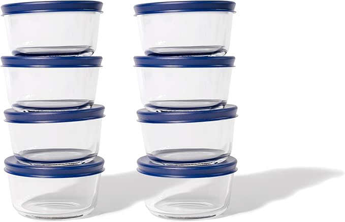 16-Piece Glass Food Storage Containers Set (8 Containers + 8 BPA-Free Lids) | 1-Cup, Leakproof | Microwave, Freezer, Oven & Dishwasher Safe | Ideal for Meal Prep & Pantry Organization, Blue