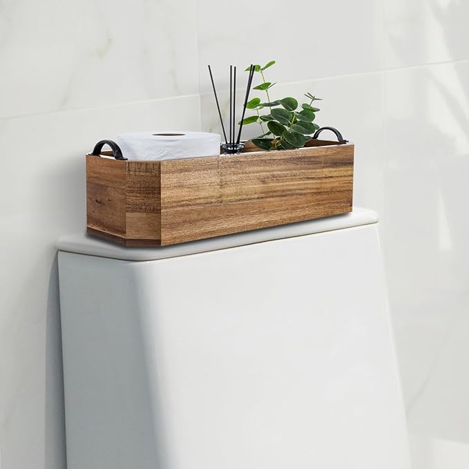MyGift Wooden Bathroom Tray - Toilet Tank Organizer Basket, Wood Toilet Paper Holder & Toiletry Caddy with Metal Handles for Vanity Countertop