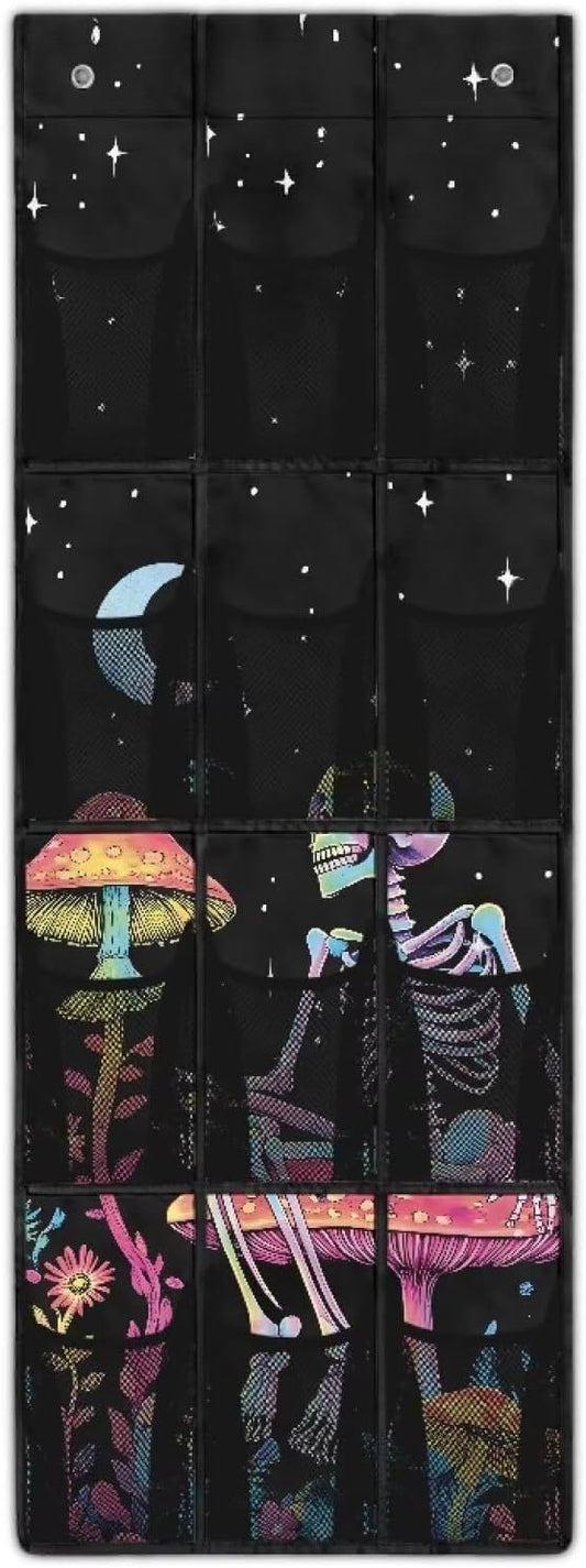 Skeleton Behind Door Shoe Organizer 12 Pockets Wall Hanging Storage for School Moon Over The Door Closet Organizer Mushroom Multi-Pocket Organizer