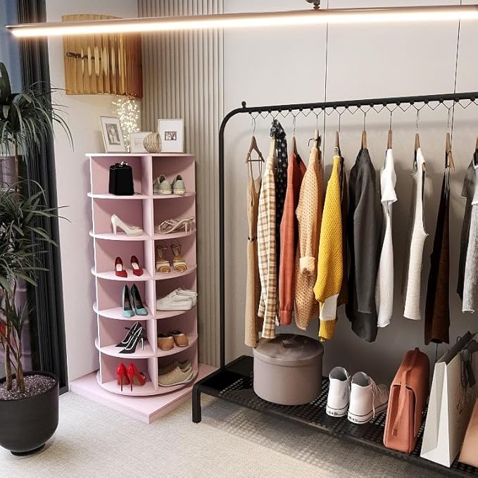 6-Tier Rotating Shoe Rack Tower, 360 Spinning Shoe Rack, Modern Free Standing Spinning Shoe Organizer, Rotating Lazy Susan Shoe Racks for Entryway Doorway, Holds Up to 24 Pairs of Shoes(Pink)