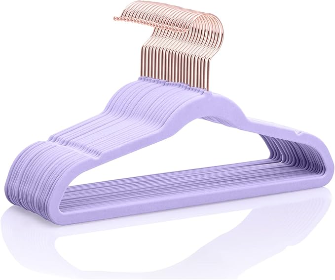 MIZGI Kids Velvet Hangers,Non-Slip Big Kids Hangers,14 Inch Hangers for Youth,Teen Clothes,Pack of 50（Light Purple/Rosegold）