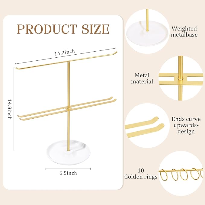 Metal Headband Holder Organizer, 2-Tier Headband Storage with Tray, Hairband Display Stand with 10 Golden Rings, Hair Accessories Claw Clip Organizer for Women and Girls