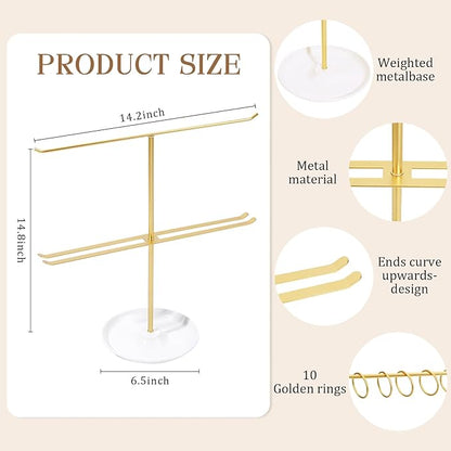 Metal Headband Holder Organizer, 2-Tier Headband Storage with Tray, Hairband Display Stand with 10 Golden Rings, Hair Accessories Claw Clip Organizer for Women and Girls