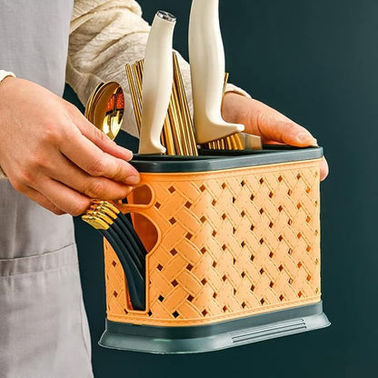 Countertop Cutlery Drying Holder Utensil Holder Cutlery Drainer Tableware Holder Box Tabletop Separated Fork Chopstick Kitchen Storage Cutlery Utensil Organizer (White)