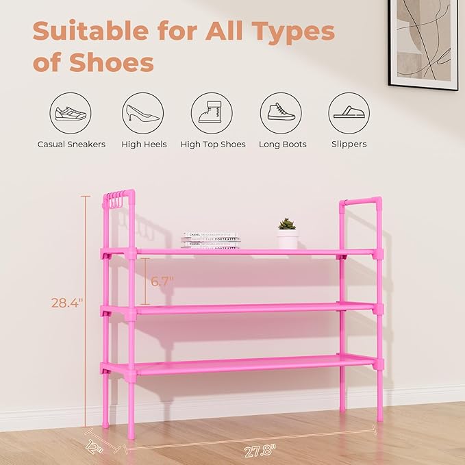 LANTEFUL 3 Tier Shoe Rack for Closet, Shoe Organizer with 5 Hooks, Long Shoe Shelf Storage for Shoe and Boot Stackable Free Standing Shoe Rack for Entryway, Garage, Small Spaces, Dorm, Pink