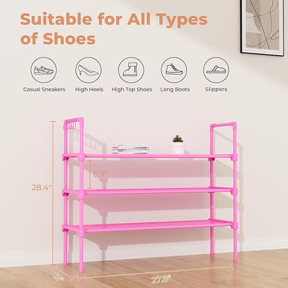 LANTEFUL 3 Tier Shoe Rack for Closet, Shoe Organizer with 5 Hooks, Long Shoe Shelf Storage for Shoe and Boot Stackable Free Standing Shoe Rack for Entryway, Garage, Small Spaces, Dorm, Pink