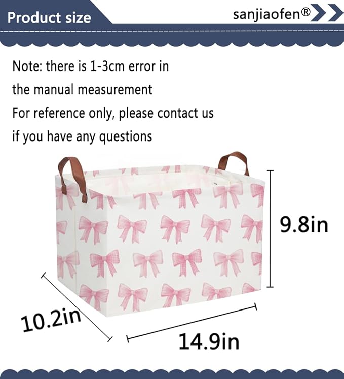 Sanjiaofeng Rectangular Kids Basket Pink Storage Bins,Girls Storage Baskets with Handles.Clothers,Toys,Books,Kid's Gifts Storage. (Pink Bowknot)