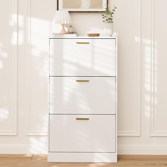 LYNSOM Shoe Cabinet, Free Standing Tipping Bucket Shoe Rack Organizer with 3 Flip Drawers, Modern Entryway Shoe Storage with Top Display, Narrow Slim Hidden Shoe Cabinet (White)