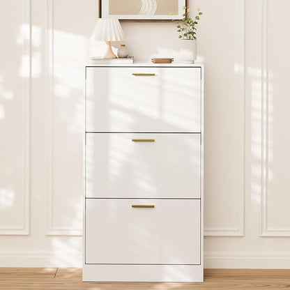 LYNSOM Shoe Cabinet, Free Standing Tipping Bucket Shoe Rack Organizer with 3 Flip Drawers, Modern Entryway Shoe Storage with Top Display, Narrow Slim Hidden Shoe Cabinet (White)