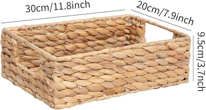 Water Hyacinth Storage Basket - Small Rustic Rectangle Woven basket Organizer with Handle for Home & Office Decor (Hyacinth)