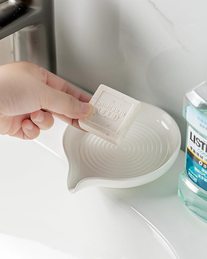 Self Draining Soap Dish, Ceramic Drain Soap Holder Waterfall Design Soap Saver for Shower, Bathroom, Sink, Kitchen and Countertop, Keeps Dry, White