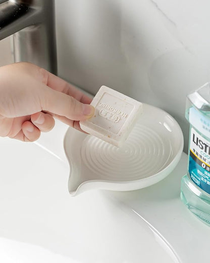 Self Draining Soap Dish, Ceramic Drain Soap Holder Waterfall Design Soap Saver for Shower, Bathroom, Sink, Kitchen and Countertop, Keeps Dry, White