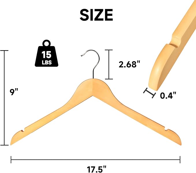 Premium Wooden Top Hangers, Heavy Duty Solid Wood Suit Hangers with 360° Swivel Hook & Anti-Slip Notches, Durable Clothes Hangers for Jackets, Coats, Shirts & Dresses(Natural Wood/12-Pack)